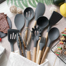 Conjunto 12 Peças de Utensílios de Cozinha em Silicone – Espátulas, Batedores de Ovos e Ferramentas Antiaderentes com Cabo de Madeira