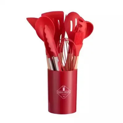 Conjunto 12 Peças de Utensílios de Cozinha em Silicone – Espátulas, Batedores de Ovos e Ferramentas Antiaderentes com Cabo de Madeira