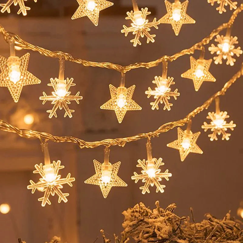 Luzes Decorativas de Natal LED – Estrelas e Flocos de Neve, Fio de 1,5 a 10 Metros, Perfeito para Festas e Ambiente Natalino