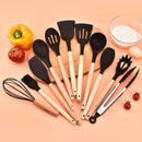 Conjunto 12 Peças de Utensílios de Cozinha em Silicone – Espátulas, Batedores de Ovos e Ferramentas Antiaderentes com Cabo de Madeira