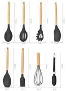 Conjunto 12 Peças de Utensílios de Cozinha em Silicone – Espátulas, Batedores de Ovos e Ferramentas Antiaderentes com Cabo de Madeira