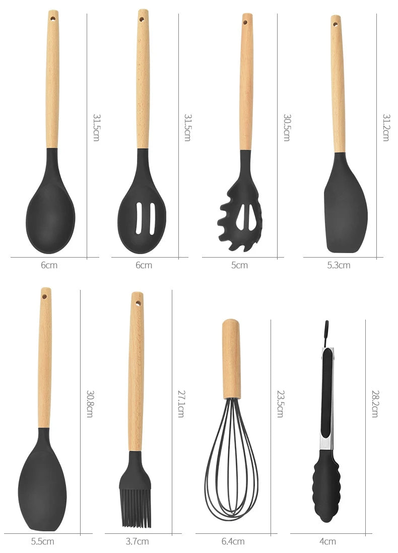 Conjunto 12 Peças de Utensílios de Cozinha em Silicone – Espátulas, Batedores de Ovos e Ferramentas Antiaderentes com Cabo de Madeira