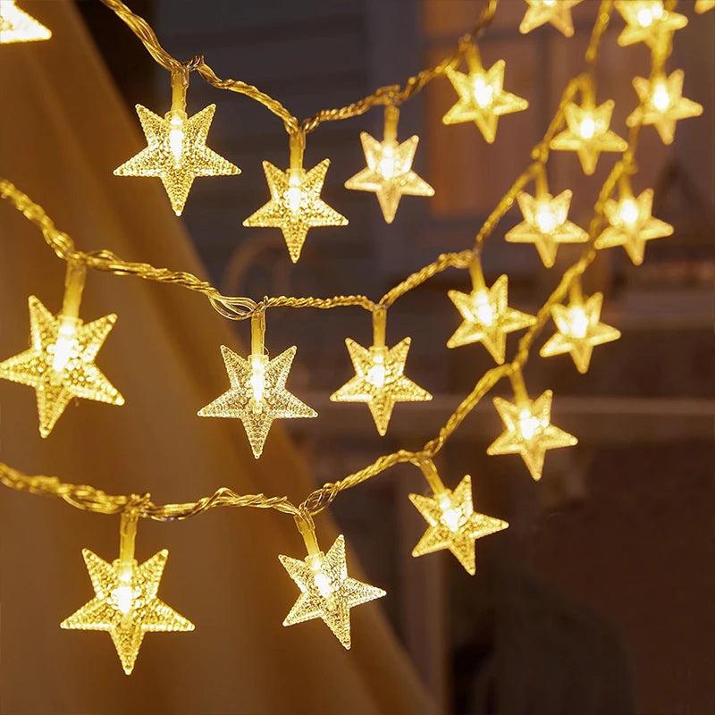 Luzes Decorativas de Natal LED – Estrelas e Flocos de Neve, Fio de 1,5 a 10 Metros, Perfeito para Festas e Ambiente Natalino