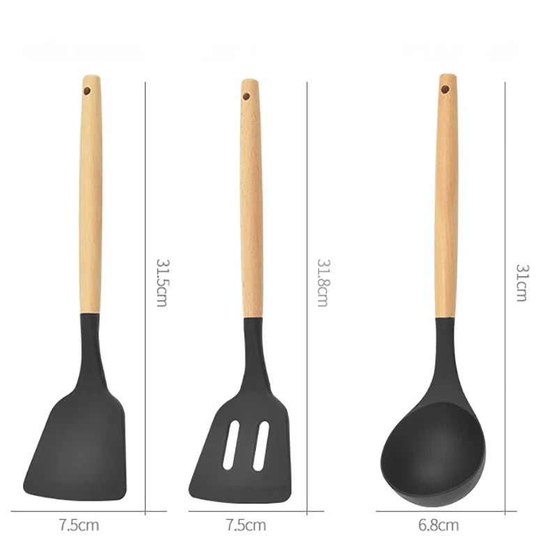 Conjunto 12 Peças de Utensílios de Cozinha em Silicone – Espátulas, Batedores de Ovos e Ferramentas Antiaderentes com Cabo de Madeira